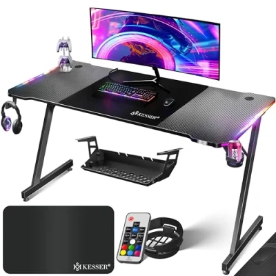 Abbildung von KESSER® Gaming Tisch LED 160cm x 60cm Z Form Gamer Schreibtisch Kopfhörerhaken &amp; Kohlebeschichtung Ergonomischer PC Computertisch Stabiler mit Getränkehalter Schwarz
