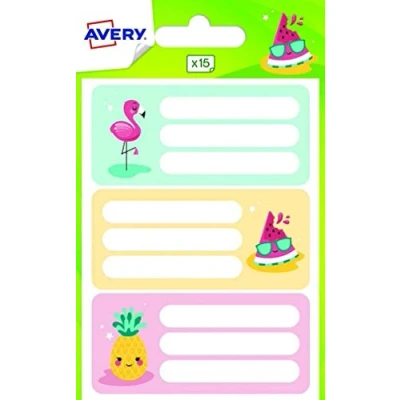 Abbildung von AVERY Beutel mit 15 Etiketten für Schulmaterial und Schulmaterial, tropisches Design: Flamingo, Wassermelone Ananas, Format 76 x 34 mm, mehrfarbig