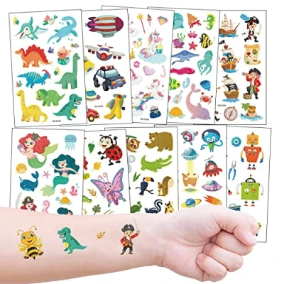 Abbildung von Glitzer Temporäre Tattoos für Kinder, Einhorn Dino Pirat Wagen Reh Tiere Kindertattoos Mädchen Jungen Geburtstag Festival Party Geschenk Mitgebsel