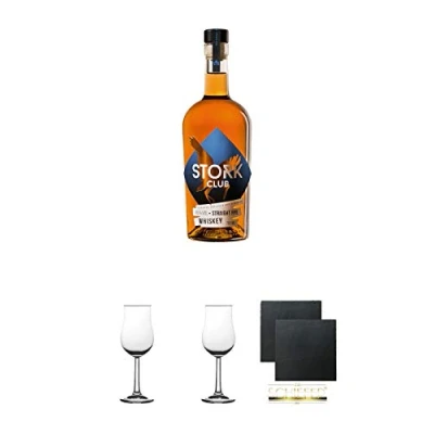 Abbildung von Storck Club Straight Rye Whisky Deutschland 0,70 Liter + Nosing Gläser Kelchglas Bugatti mit Eichstrich 2cl und 4cl 2 Stück Schiefer Glasuntersetzer eckig ca. 9,5 cm Ø