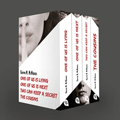 Abbildung von Karen M. McManus: Vier Bände im Taschenbuch Schuber: One of us is lying, next, Two can keep a secret, The Cousins: Umwerfende Jugendbuch Thriller von der Bestseller Autorin