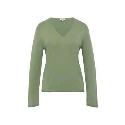 Abbildung von Feinstrickpullover mit V Ausschnitt und Rollkante am Saum Dunkles salbeigrün 42
