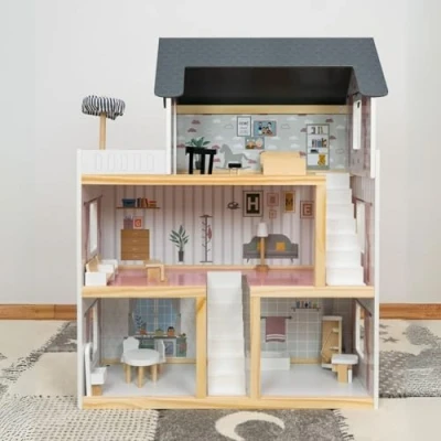 Abbildung von Coemo Puppenhaus, (möbliertes Puppenhaus Holz, 17 tlg), komplett eingerichtet, Möbeln aus Puppenstube Zubehör