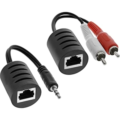 Abbildung von InLine Audio über RJ45 passiv, 2x Cinch 1x Klinke 3,5mm / Buchse, max. 50m, 50 m, Schwarz