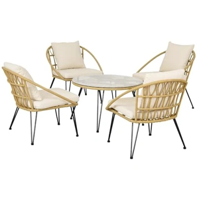 Abbildung von Outsunny Sitzgruppe 5 tlg. Sitzgarnitur inkl. 1 Esstisch, 4 Stühlen, (Gartemöbel Set, tlg., Gartengarnitur mit Sitzkissen), für Balkon, Terrasse, Beige