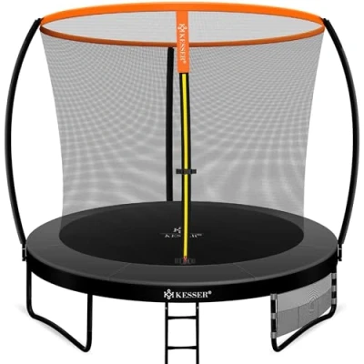 Abbildung von KESSER® Trampolin Ø 244 cm TÜV Rheinland GS Zertifiziert Gartentrampolin für Kinder bis 150 kg Komplettset mit Sicherheitsnetz, Leiter, Randabdeckung, Seitentasche und Zubehör