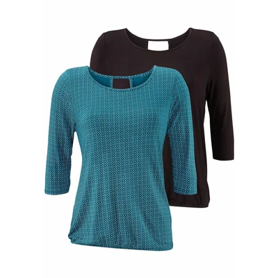 Abbildung von Lascana 2 PACK Bluse Petrol gemustert schwarz uni, Damen, Größe: 32/34, uni