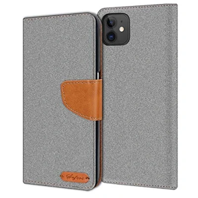 Abbildung von Verco kompatibel mit Apple iPhone 11 Hülle, Schutzhülle für Tasche Denim Textil Book Case Flip (6,1 Zoll) Klapphülle, Grau