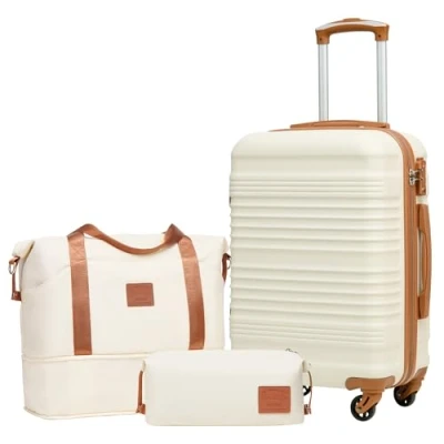Abbildung von COOLIFE Koffer Set Trolley ABS Hartschale Reisekoffer 4 Rollen TSA Schloss einziehbarer Der Enthält 1 Reisetasche und Kulturbeutel (Weiß/Braun, Handgepäck 3tlg)