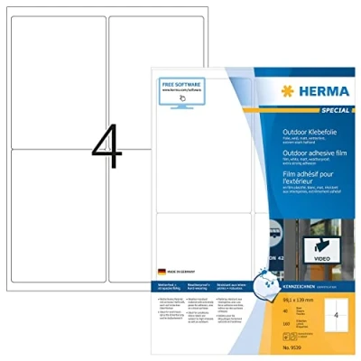 Abbildung von HERMA 9539 Wetterfeste Folienetiketten, 560 Blatt, 99,1 x 139 mm, 4 pro A4 Bogen, 2240 Stück, selbstklebend, bedruckbar, matt, blanko Outdoor Klebeetiketten Aufkleber aus Polyethylen, weiß