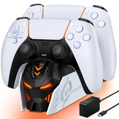 Abbildung von PS5 Controller Ladestation, Ladestation mit EU Netzteil/Cooles Aussehen Helm/2 3 Std Schnelles Aufladen, für Playstation 5 Controller/Edge