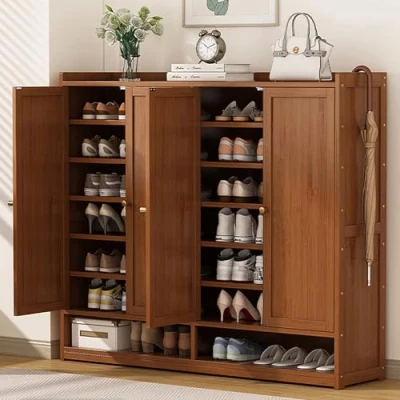 Abbildung von Pounjsd Schuhaufbewahrung Schuhregal,Schuhschrank Versteckt Braun,Schuhschrank Mit TüRen, Schmaler Schuhschrank Holz,Tiefe 32cm, FüR Eingang, Flur, Schrank, Wohnzimmer, 120x32x115cm