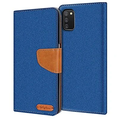 Abbildung von Verco kompatibel mit Samsung Galaxy A03s Hülle, Schutzhülle für Tasche Denim Textil Book Case Flip Klapphülle, Blau