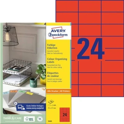 Abbildung von AVERY Zweckform 3448 Rote Etiketten (2.400 Aufkleber, 70x37mm auf A4, permanent haftend, selbstklebende Farbetiketten, Papier matt, bedruckbare, farbige Klebeetiketten) 100 Blatt