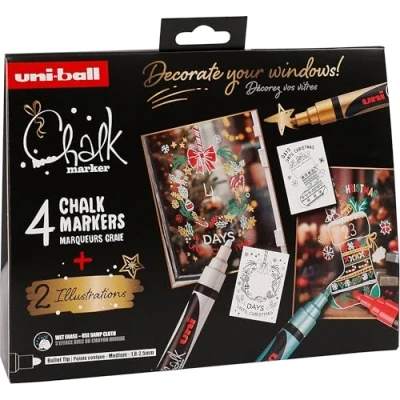 Abbildung von UNI Ball 186831 Kreidemarker Set Xmas trad, 4 Marker mit 2 Schablonen, CHALK MARKER, Kreidestifte für Fenster