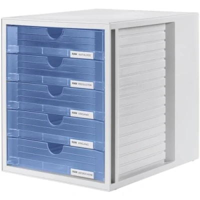 Abbildung von HAN Schubladenbox SYSTEMBOX mit 5 geschlossenen Schubladen, Schreibtisch oder im Schrank, inkl. Auszugsperre + Beschriftungsclip, möbelschonende Gummifüße, 1450 4, lichtgrau / transluzent blau