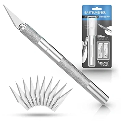 Abbildung von Klangfeiler® Bastelmesser Skalpell Set inkl. 10 Klingen Cutter Messer Schnitzmesser für Bastelarbeiten mit Ersatzklingen