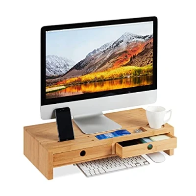 Abbildung von Relaxdays Monitorständer, aus Bambus, Bildschirmerhöhung mit 2 Schubladen &amp; Ablagen, Schreibtisch, HBT 12x56x27cm, Natur