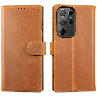Abbildung von LENSUN Echtleder Hülle für Samsung Galaxy S23 Ultra, Handyhülle [Echtes Leder] [Magnetverschluss] [RFID] Lederhülle Handytasche Ultra 5G Vintage Braun
