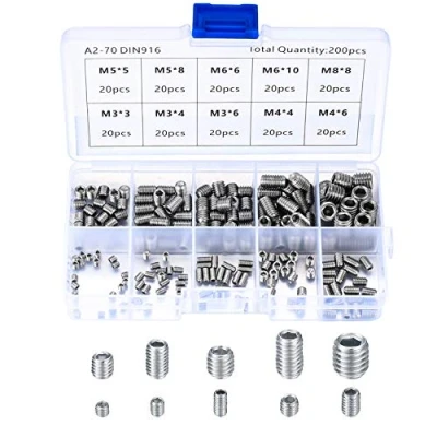 Abbildung von HAOCHEN 200 Stück M3 M4 M5 M6 M8 Gewindestifte, Sechskantkopf, Imbusschlüssel set, Hex Grub Kopf Maschinenschraube Schraube, Edelstahl Schrauben Set