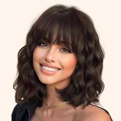 Abbildung von YEESHEDO Perücke Dunkelbraun Damen Kurz Bob mit Pony Lockig Natürlich Perücken für Frauen Cosplay Perrucke Wig 14 Zoll (Dunkel braun)