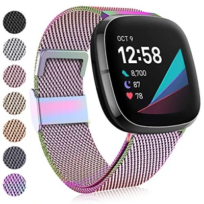 Abbildung von Faliogo Kompatibel mit Fitbit Versa 3 Armband/Fitbit 4 Sense Armband, Edelstahl Metall Ersatzband Armband Magnetschloss 4/Versa 3/Sense, Klein Regenbogen