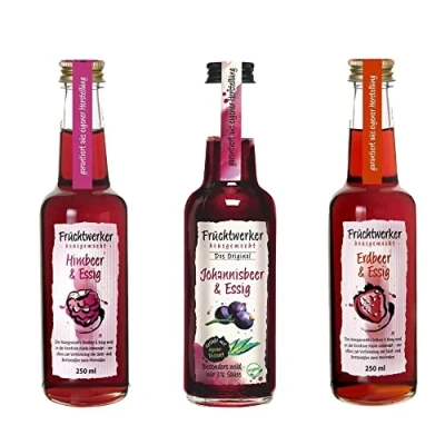 Abbildung von Fruchtwerker Essig und Frucht Set I Verschiedene Sorten Fruchtig Fruchtessig Rein Pflanzlich Süß In Glasflaschen (Johannisbeere + Erdbeere Himbeere)