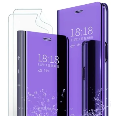 Abbildung von MLOTECH für Samsung S20 Plus Hülle,Handyhülle + Schutzfolie[2 Stück] Flip Transluzent View Miroir Cover Anti Schock Spiegel Standfunktion Schutzhülle Lila blau