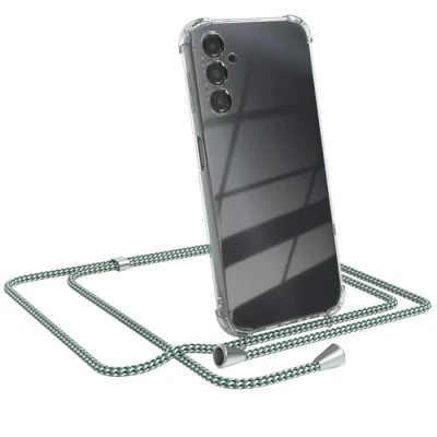 Abbildung von EAZY CASE Kette Schutzhülle kompatibel mit Samsung Galaxy A14 5G, Stoßfest Fallschutz Bumper Schutzhülle, Handy Straps, Silikonhülle, Handykette abnehmbar, Hell Grün Camouflage Clips Silber