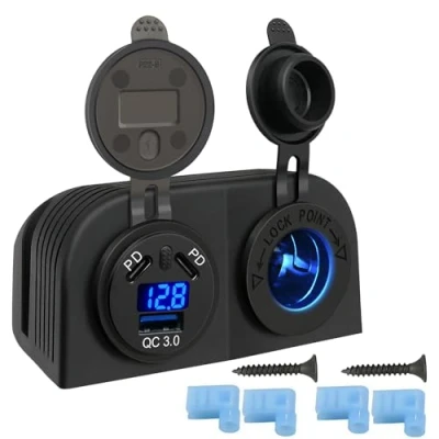 Abbildung von Hoembpn 12V USB C Auto Ladegerät Steckdose, Dual PD Type und QC3.0 + 12V/24V Zigarettenanzünder Buchse Wasserdichte Zwei Loch Zelt Panel mit Schalter LED Voltmeter, für RV Boot Motorrad