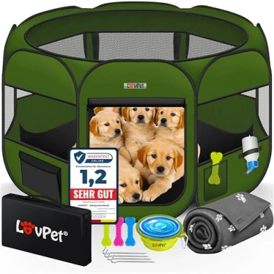 Abbildung von Lovpet® Welpenlaufstall Tierlaufstall Faltbar für Kleintiere Hunde, Katzen Inkl. Hundenapf und Fleece Decke Hundelaufstall Freigehege Oxfordgewebe Pop up System Indoor &amp; Outdoor, Khaki
