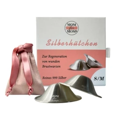 Abbildung von Mom for Moms Silberhütchen 999er Silber/natürliche Wundheilung der Brustwarzen/für ein angenehmes Stillen und Wochenbett/mehr Platz Schutz Brustwarzen/Stillzubehör 2 Stk (S/M)