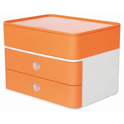 Abbildung von HAN Schubladenbox Allison SMART BOX plus mit 2 Schubladen, Trennwand sowie Utensilienbox, Kabelführung, stapelbar, Büro, Schreibtisch möbelschonende Gummifüße, 1100 81, hochglänzend apricot orange