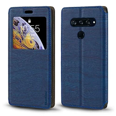 Abbildung von Shantime LG V40 ThinQ Hülle, Holzmaserung Ledertasche mit Kartenhalter und Fenster, Magnetisches Flip Cover für Blau