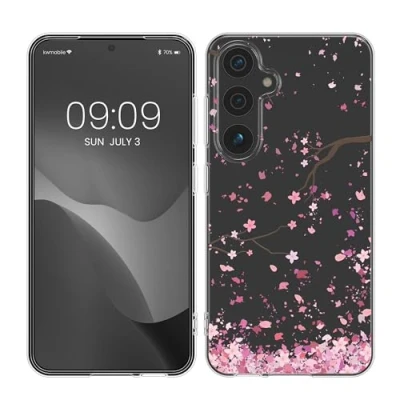 Abbildung von kwmobile Case kompatibel mit Samsung Galaxy S25 Hülle Silikon Transparent Kirschblütenblätter Rosa Dunkelbraun