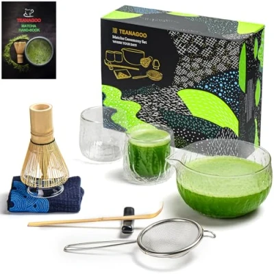 Abbildung von TEANAGOO Matcha Set Schneebesen, Schale mit Ausgießer, Schaufel, Halter, Teezubereitungsset. Japanisches Teeset (7 Stück) + 2 Tassen (5,6 oz), S21, Klarglas