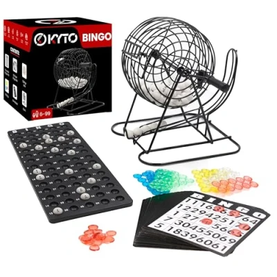 Abbildung von Bingo Spiel Metalltrommel 18 Bingotickets 75 Kugeln 150 Chips Spielbrett + 500 Bingokarten schwarz Erwachsene Kinder