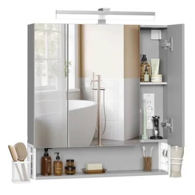 Abbildung von VASAGLE Badezimmerschrank mit 3 Türen, Spiegelschrank, Wandschrank, Steckdosen, Hängekorb, Haartrockner Halter, viel Stauraum, für Badezimmer, 16,5 x 70 75 cm, wolkenweiß Taubengrau BBK126G01