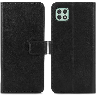 Abbildung von Samsung Galaxy A22 (5G) Hülle Kunstleder iMoshion Klapphülle Handyhülle Schwarz Federn Design