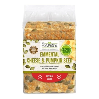 Abbildung von Dr. Karg’s BIO Knäckebrot Käse &amp; Kürbiskern knusprig, vegetarisch, mit Emmentaler Kürbiskernen, reich an Ballaststoffen, 100% Vollkorn ohne Zusatzstoffe, 10x200g