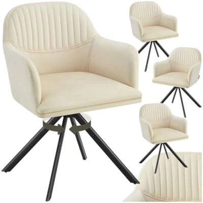 Abbildung von tectake® 4 x Esszimmerstuhl drehbar, Armlehnstuhl ergonomischer Stuhl Samt, Stühle für Esszimmer, Möbel Wohnzimmer, Arbeitszimmer, Esstisch, Schminktisch 4er Set Creme/schwarz