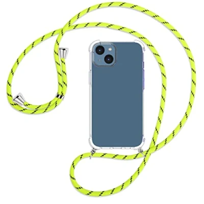 Abbildung von mtb more energy® Handykette kompatibel mit iPhone 14 Neon Gelb gestreift Smartphone Hülle zum Umhängen Anti Shock Full TPU Case