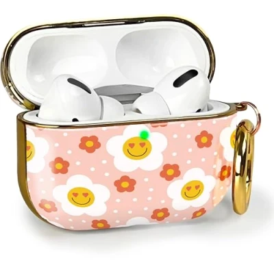 Abbildung von MyGadget Hardcase Hülle [ Blumen Motiv ] kompatibel mit Apple AirPods Pro (2.Gen 2022) Qi Karabiner LED Licht sichtbar Rosa