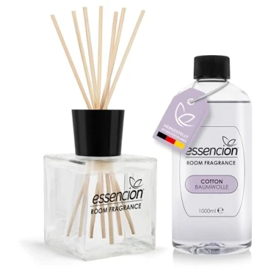 Abbildung von essencion Cotton Raumduft Set Glas Diffusor + 1000ml Refill In 14 verlockenden Düften erhältlich (Cotton 200ml+1000ml)