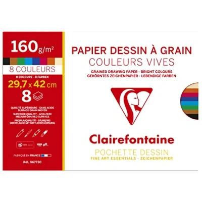 Abbildung von Clairefontaine 96773C Packung mit 8 Bögen Zeichenpapier Etival Color, DIN A3, 160g, 1 Pack, intensive Farben sortiert, Papier, 29,7 x 42 cm