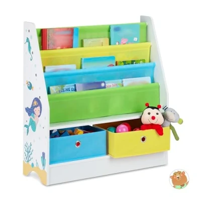 Abbildung von Relaxdays Kinderregal Meermotiv, 2 Boxen, 3 Fächer, Spielzeug Aufbewahrung, Kinder Bücherregal HBT 74 x 71 23 cm, bunt