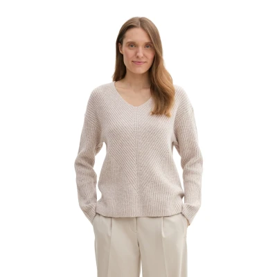 Abbildung von TOM Tailor MIT Vausschnitt Strickpullover, Damen, Größe: XS, Dusty beige melange