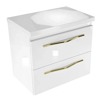 Abbildung von paplinskimoebel Badezimmer Badmöbel Girona 60,5 x 40 55,1 cm, mit Zwei Schubladen, hängeschrank, Hochglanz Korpus, weiß + Gold, badezimmermöbel Glamour Style, badschrank