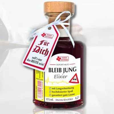 Abbildung von 0,2L Apothekerflasche Bleib Jung, Elixier 15% vol. Amarena Kirsch Likör aus der Humorapotheke Humor Apotheke Spaßmedizin Scherzartikel Humormedizin