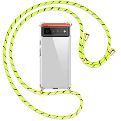 Abbildung von mtb more energy® Handykette kompatibel mit Google Pixel 6 (6.4&#039;&#039;) Neon Gelb gestreift/Gold Smartphone Hülle zum Umhängen Anti Shock Full TPU Case